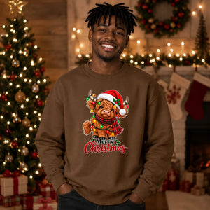 Festive highland cow lights Christmas Oversized Sweatshirt