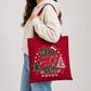 Festive Ho Ho Ho Santa Hat Tree Print Christmas Tote Bag