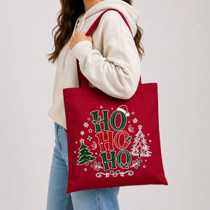 Festive Ho Ho Ho Santa Hat Tree Print Christmas Tote Bag