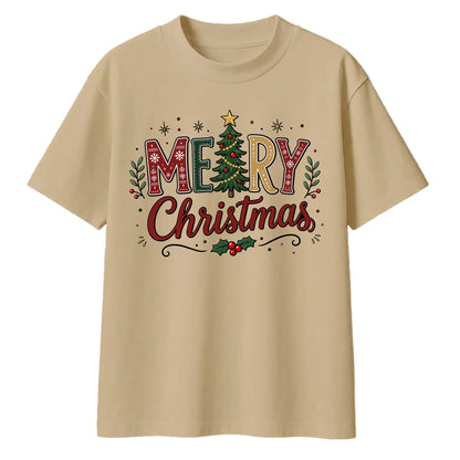 Festive Merry Tree Lettering Christmas Oversized T-Shirt