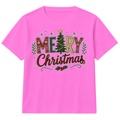 Festive Patterned Merry Pine Tree Christmas Kids T-Shirt