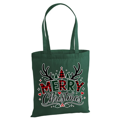 Festive Plaid Merry Antler Tree Print Christmas Tote Bag