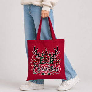Festive Plaid Merry Antler Tree Print Christmas Tote Bag