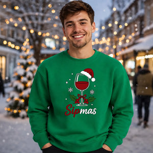 Festive Sipmas Wine Glass Print Christmas Unisex Sweatshirt