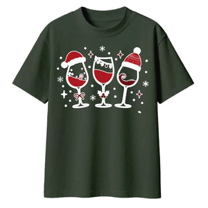 Festive Wine Glasses Trio Print Christmas Oversized T-Shirt