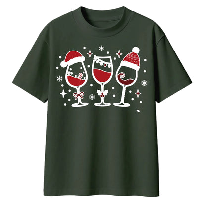 Festive Wine Glasses Trio Print Christmas Oversized T-Shirt