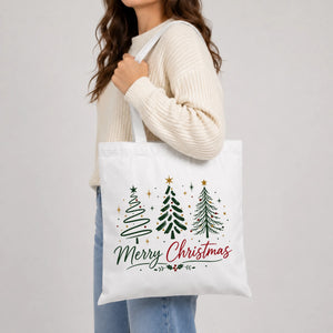 Festive Winter Pine Tree Trio Graphic Christmas Tote Bag