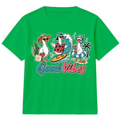Fun Surfing Duck Good Vibes Graphic Summer Kids T-Shirt