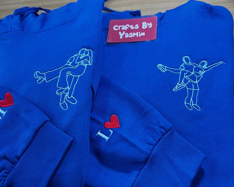 Custom Photo Embroidered Hoodie, Personalised Family Matching Sketch from Photo Unisex Jumper, 1st Anniversary Special Date Initial Sweater
