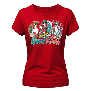 Good Vibes Cute Surfing Ducks Summer Graphic Ladies T-Shirt