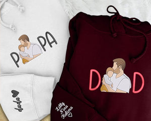 Custom Sketch Embroidered Photo Hoodie, Personalised Faceless Portrait Sketch Hoody, Daddy Matching Birthday Tops , Fathers Day Gift for Dad