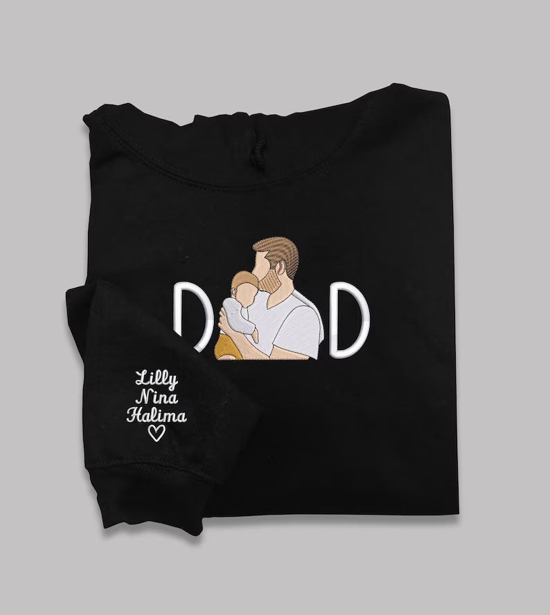 Custom Sketch Embroidered Photo Hoodie, Personalised Faceless Portrait Sketch Hoody, Daddy Matching Birthday Tops , Fathers Day Gift for Dad