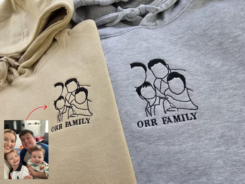 Custom Photo Embroidered Hoodie, Personalised Family Matching Sketch from Photo Unisex Jumper, 1st Anniversary Special Date Initial Sweater