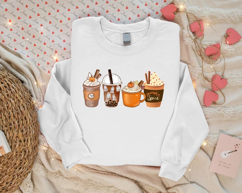 Halloween Coffee Sweatshirt, Vintage Autumn Fall Sweater, Pumpkin Coffee Cups Crewneck Jumper, Halloween Clothing, Halloween Night Outfits