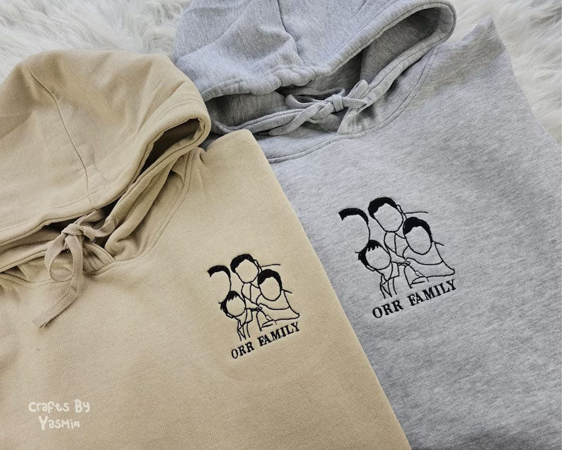 Custom Photo Embroidered Hoodie, Personalised Family Matching Sketch from Photo Unisex Jumper, 1st Anniversary Special Date Initial Sweater