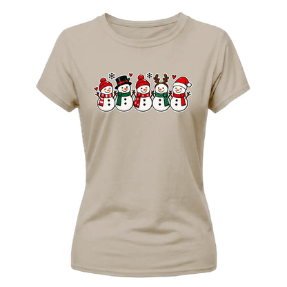 Joyful smiling snowmen line Christmas Ladies T-Shirt