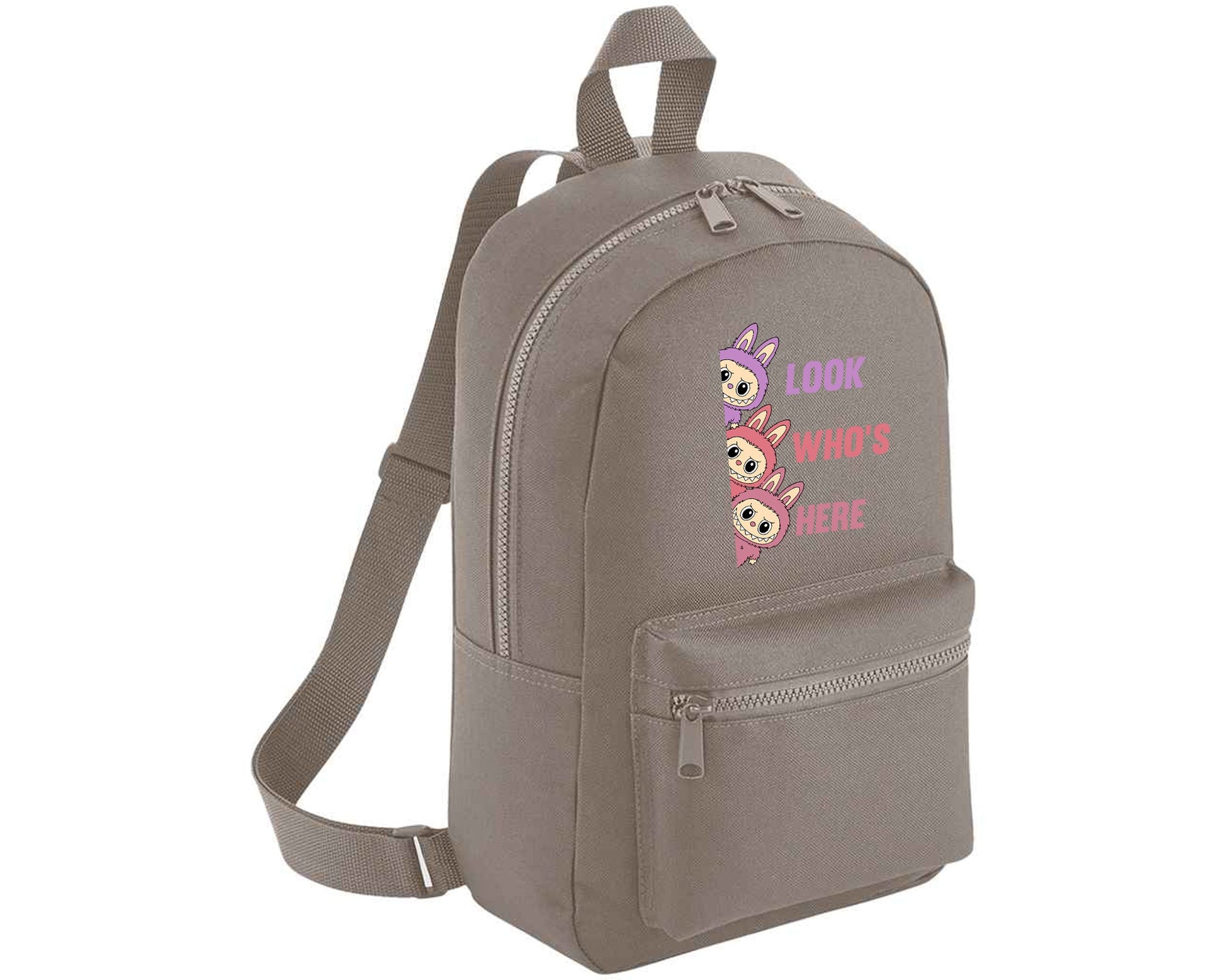 Labubu Look Who’s Here Backpack, Unisex Cartoon Printed Mini Essential Fashion Bag, Front Zip Pocket Kawayi Lovers M8426