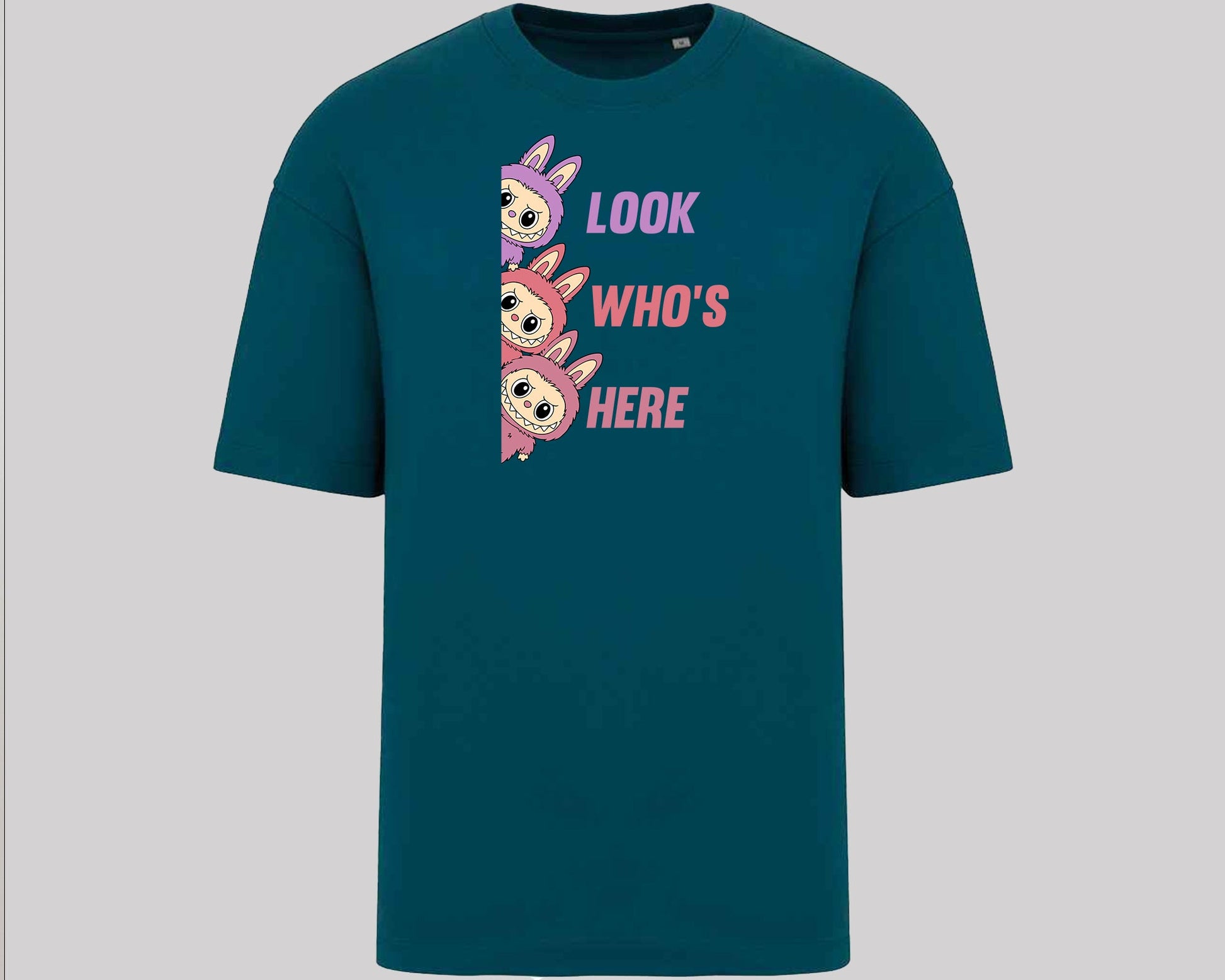 Labubu Look Who's Here T-Shirt, Funny 100% Cartoon Printed Graphic Tee, Oversized Fit Style For Anime Lovers Top M8426