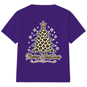 Leopard Print Merry Tree Lettering Christmas Kids T-Shirt