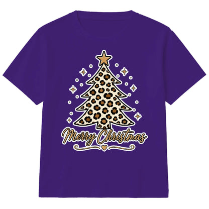 Leopard Print Merry Tree Lettering Christmas Kids T-Shirt