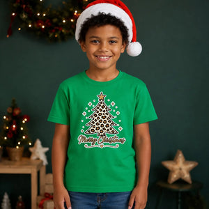 Leopard Print Merry Tree Lettering Christmas Kids T-Shirt