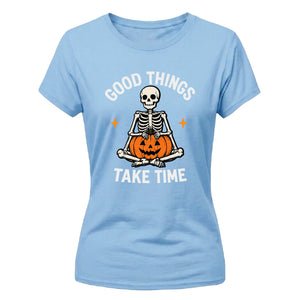 Meditating skeleton quote graphic Halloween ladies t-shirt