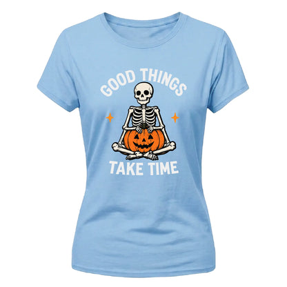 Meditating skeleton quote graphic Halloween ladies t-shirt