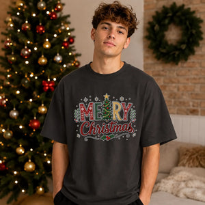 Merry Festive Tree Typography Christmas Oversized T-Shirt