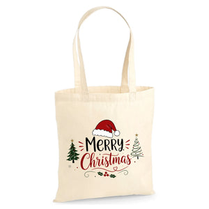 Merry Santa Hat Festive Trees Graphic Christmas Tote Bag