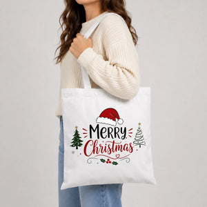 Merry Santa Hat Festive Trees Graphic Christmas Tote Bag