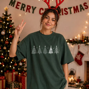 Minimal Line Art Trees Graphic Christmas Oversized T-Shirt