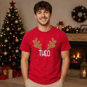 Minimalist Reindeer Antlers Name Christmas Unisex T-Shirt