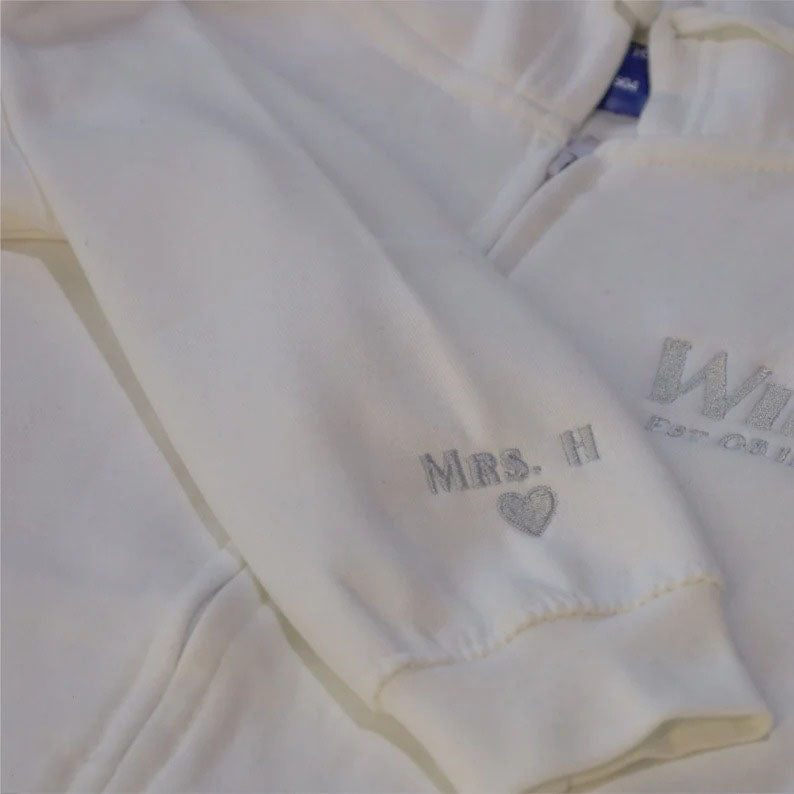 Bride Zip Up Hoodie, Custom Embroidered Wifey Hooded Sweater, Couple Matching Initials Anniversary Jumpers, Bridal Shower Hen Do Party Gifts