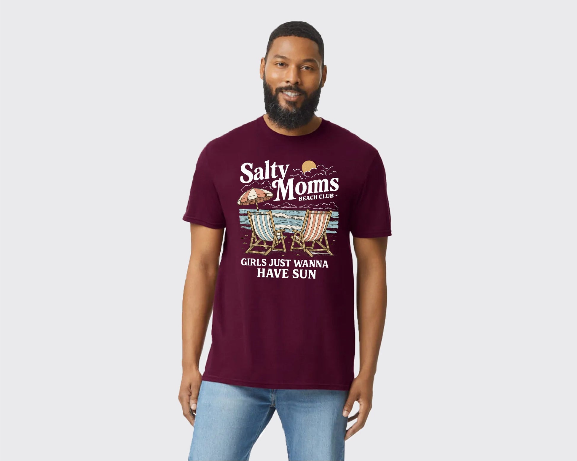 Salty Moms Beach Club Summer T-Shirt, Fun & Stylish Printed Classic Fit Tee, 100% Cotton Summer Shirt For Beach-Loving Moms M8437