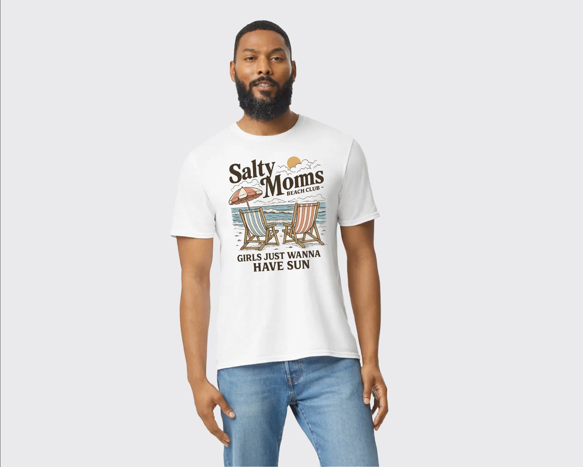 Salty Moms Beach Club Summer T-Shirt, Fun & Stylish Printed Classic Fit Tee, 100% Cotton Summer Shirt For Beach-Loving Moms M8437