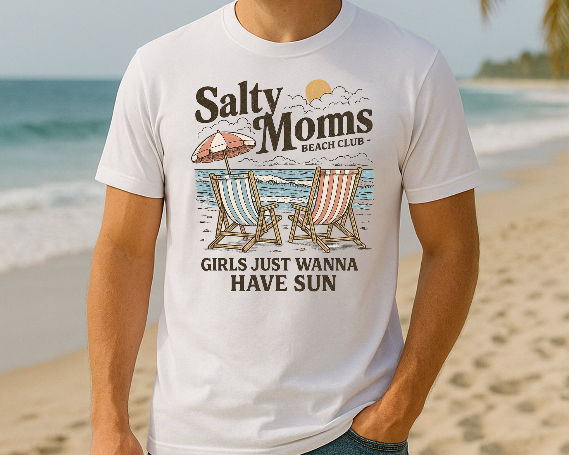 Salty Moms Beach Club Summer T-Shirt, Fun & Stylish Printed Classic Fit Tee, 100% Cotton Summer Shirt For Beach-Loving Moms M8437