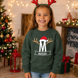 Personalised Antler Santa Name Christmas Kids Sweatshirt