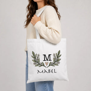 Personalised botanical leaf initial cotton canvas Tote Bag