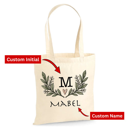 Personalised botanical leaf initial cotton canvas Tote Bag