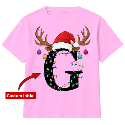 Personalised initial reindeer art Christmas kids T-Shirt