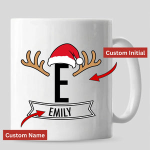 Personalised initial reindeer banner ceramic christmas mug