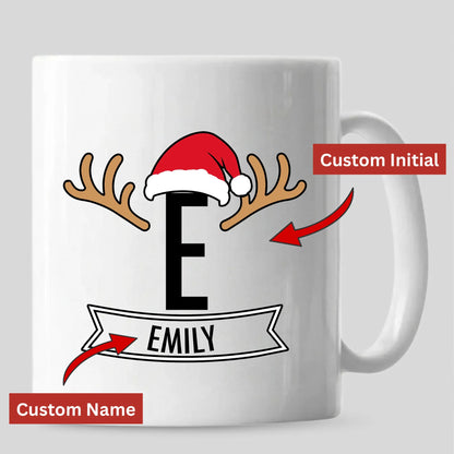 Personalised initial reindeer banner ceramic christmas mug