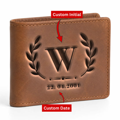 Personalised Laurel Wreath Monogram Date Leather wallet
