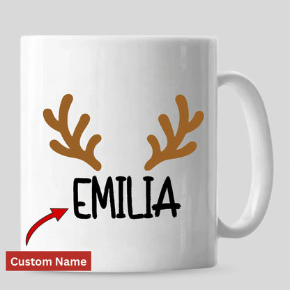 Personalised name reindeer antlers ceramic christmas mug