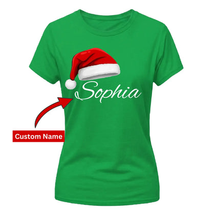 Personalised name santa hat print Christmas Ladies T-Shirt