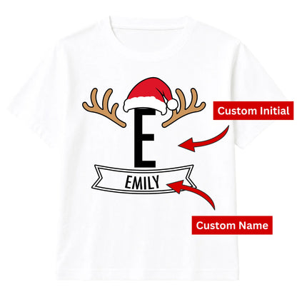 Personalised Santa Antler Initial Christmas Kids T-Shirt
