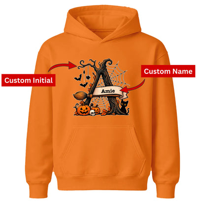 Personalised spooky tree initial name Halloween Kids Hoodie