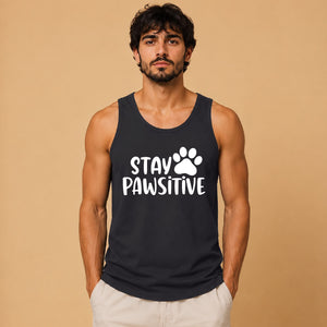 Playful Stay Pawsitive Dog Paw Print Slogan Men Tank Top