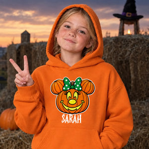 Polka dot bow pumpkin face custom name Halloween Kids Hoodie