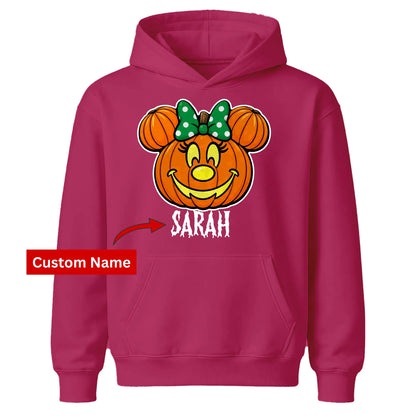 Polka dot bow pumpkin face custom name Halloween Kids Hoodie